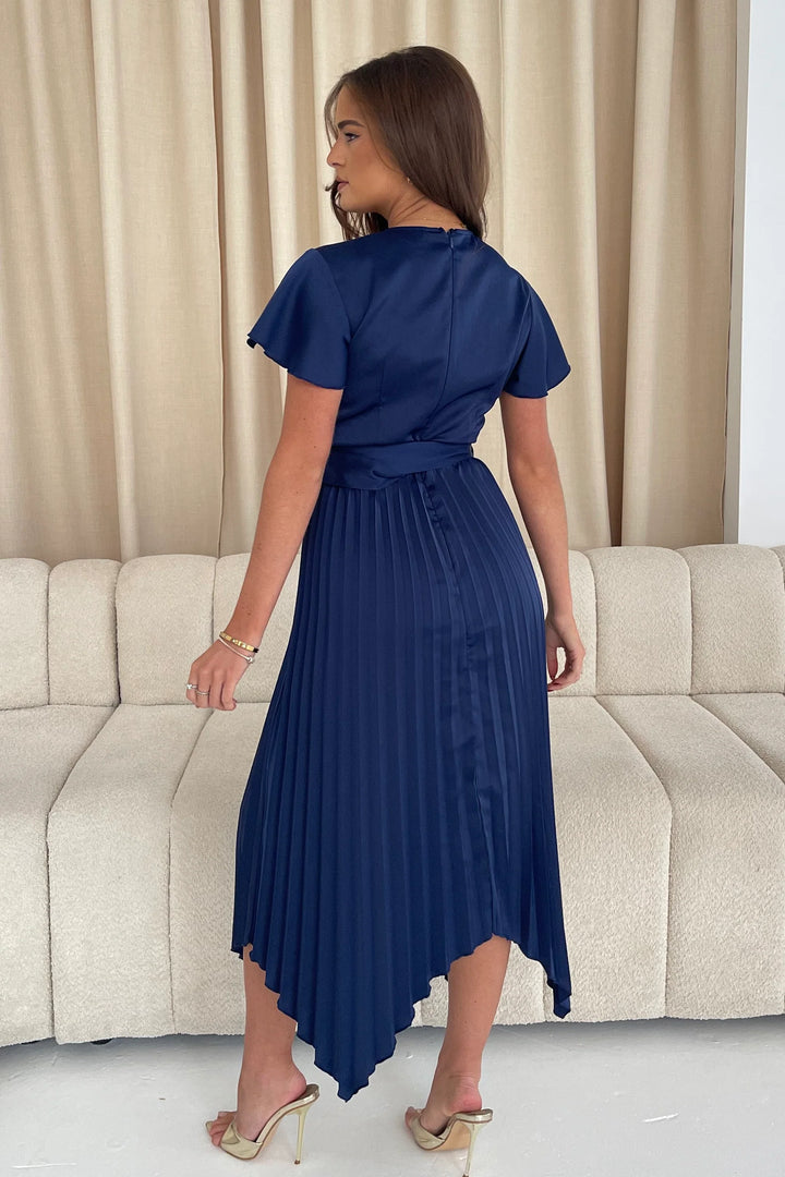 Brooklyn Navy Short Sleeve Asymmetric Pleated Belted Midi Dress