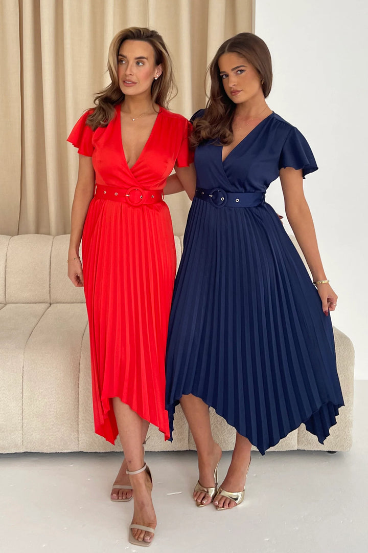 Brooklyn Navy Short Sleeve Asymmetric Pleated Belted Midi Dress