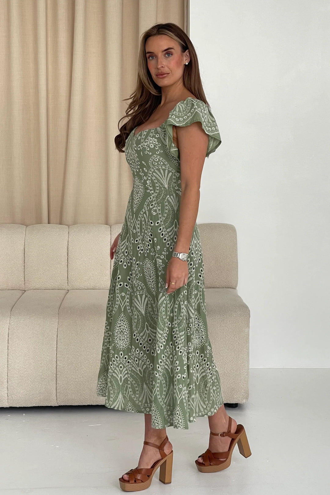 Milly Sage Green Short Sleeve Broderie Anglaise Midi Dress