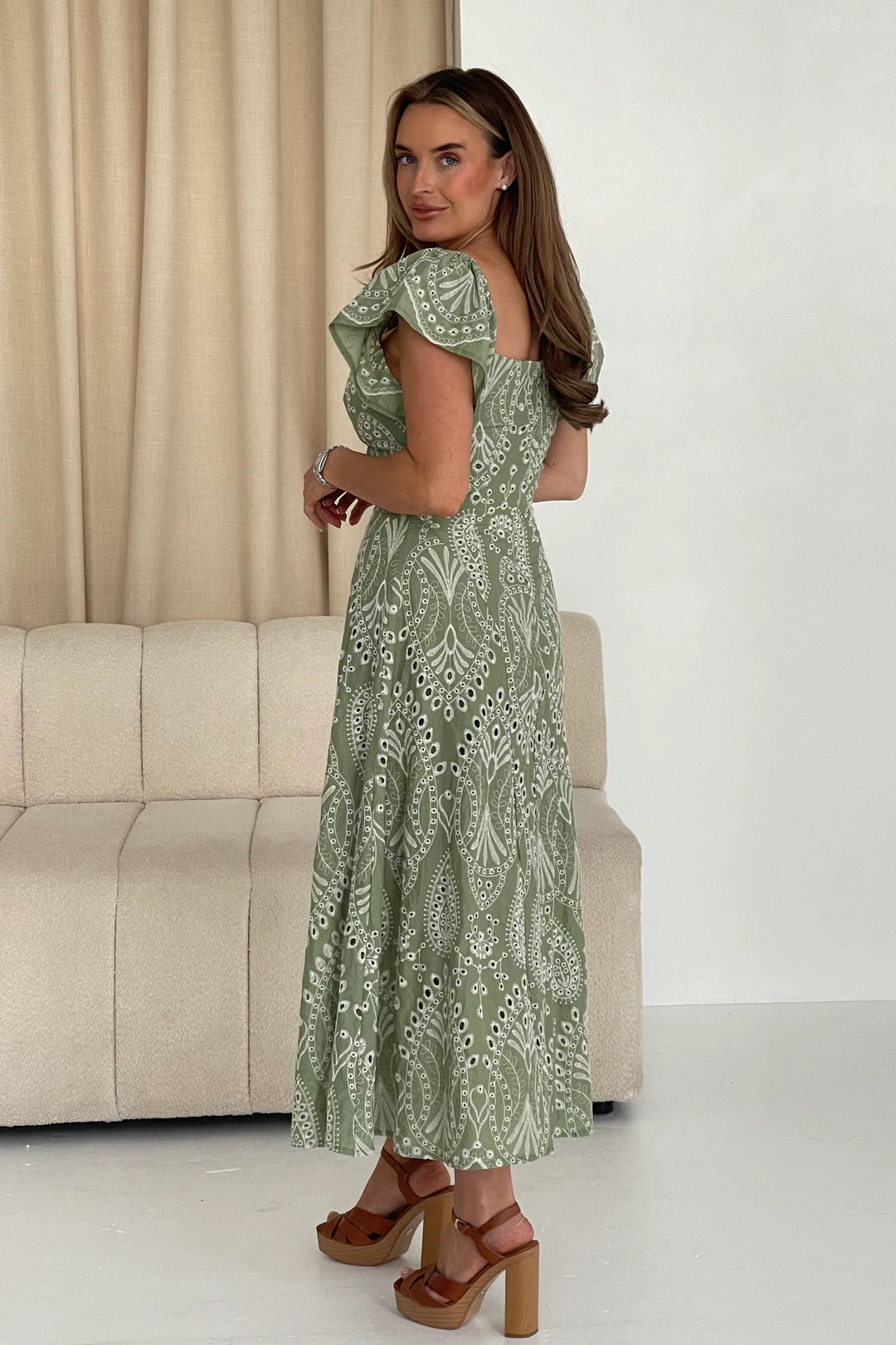 Milly Sage Green Short Sleeve Broderie Anglaise Midi Dress