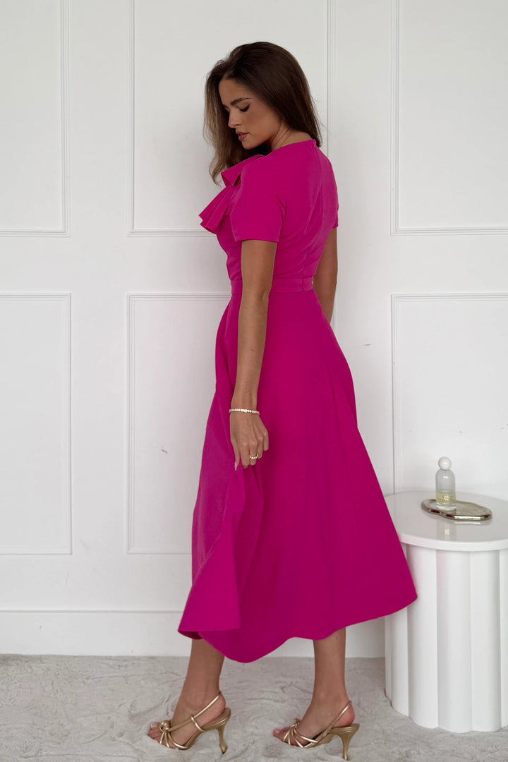 Minta Pink Bow Detail Short Sleeve Midi Dress