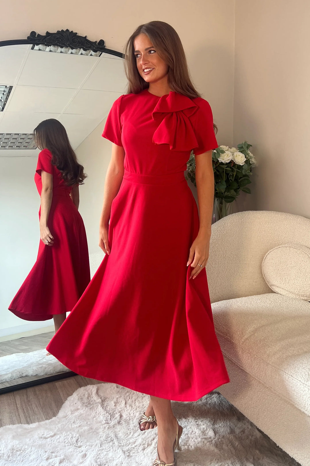 Minta Red Bow Detail Short Sleeve Midi Dress