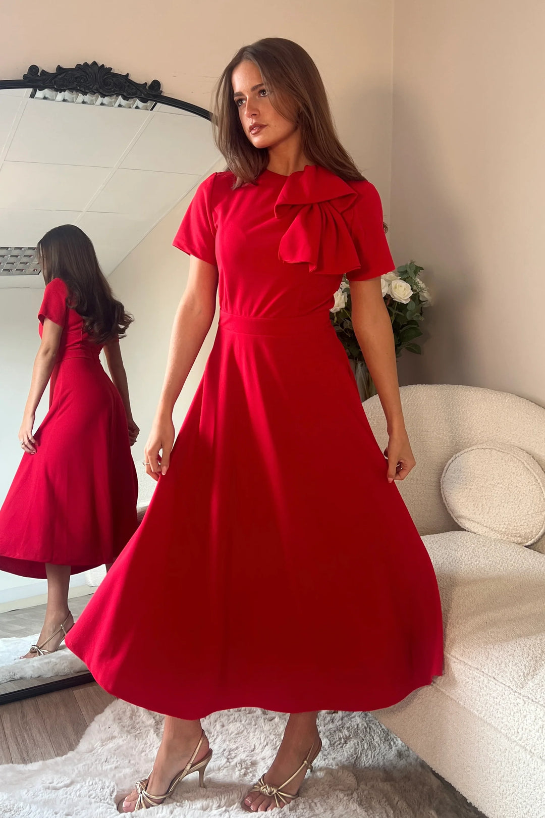 Minta Red Bow Detail Short Sleeve Midi Dress