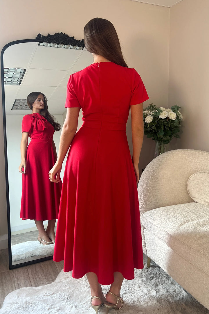 Minta Red Bow Detail Short Sleeve Midi Dress