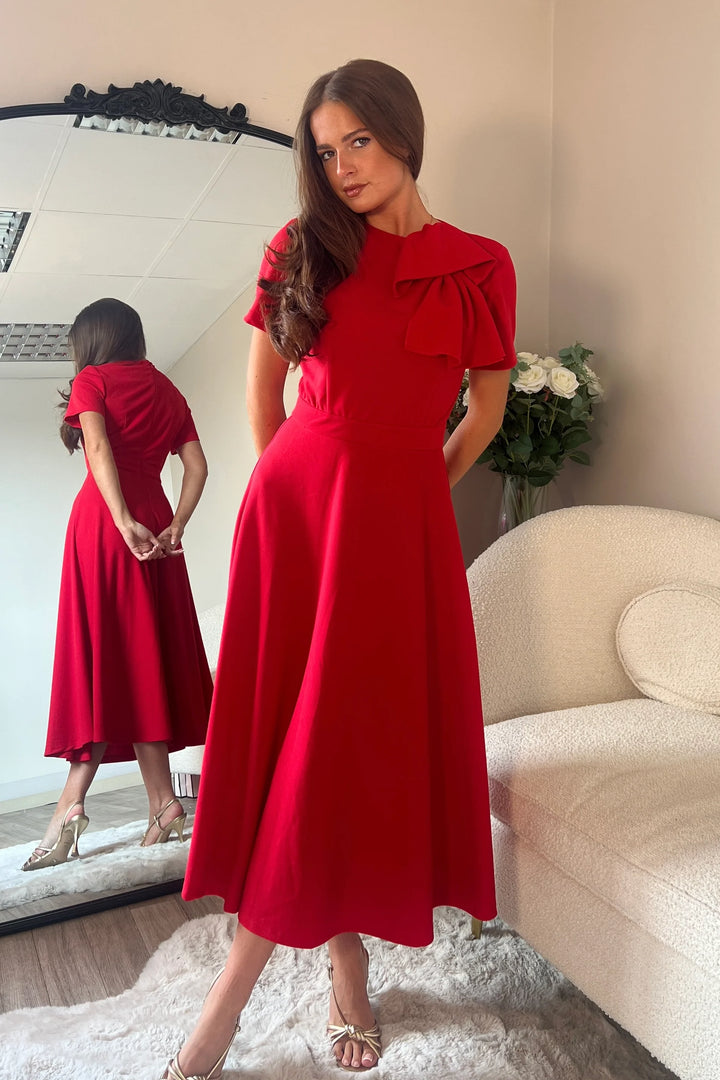 Minta Red Bow Detail Short Sleeve Midi Dress