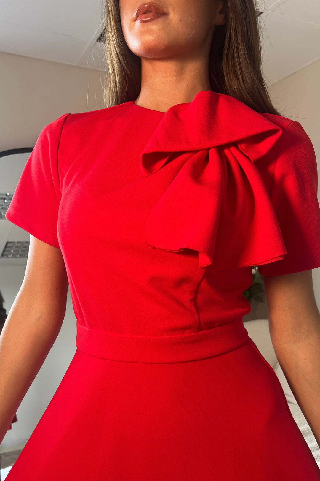 Minta Red Bow Detail Short Sleeve Midi Dress