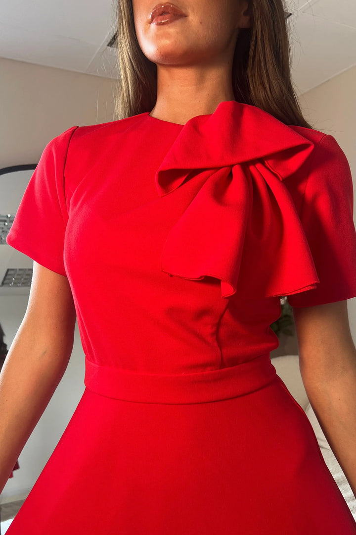 Minta Red Bow Detail Short Sleeve Midi Dress