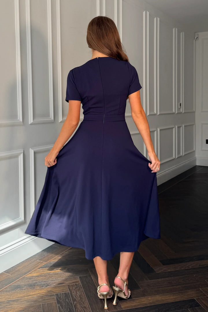 Minta Navy Bow Detail Short Sleeve Midi Dress