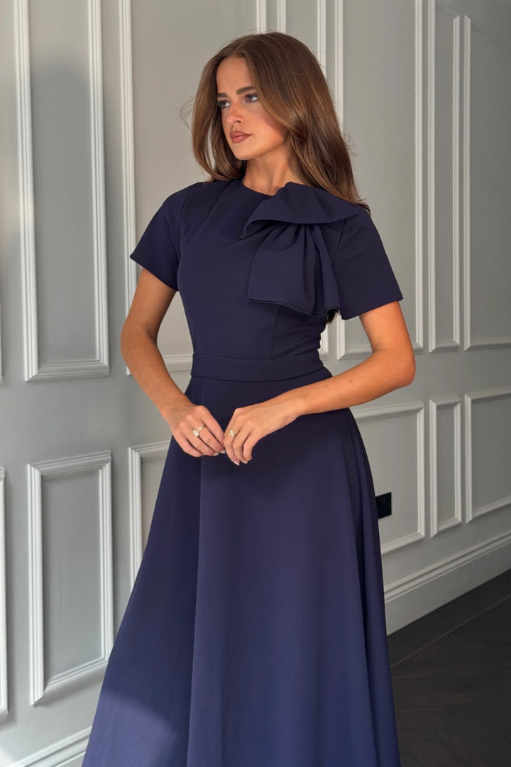 Minta Navy Bow Detail Short Sleeve Midi Dress