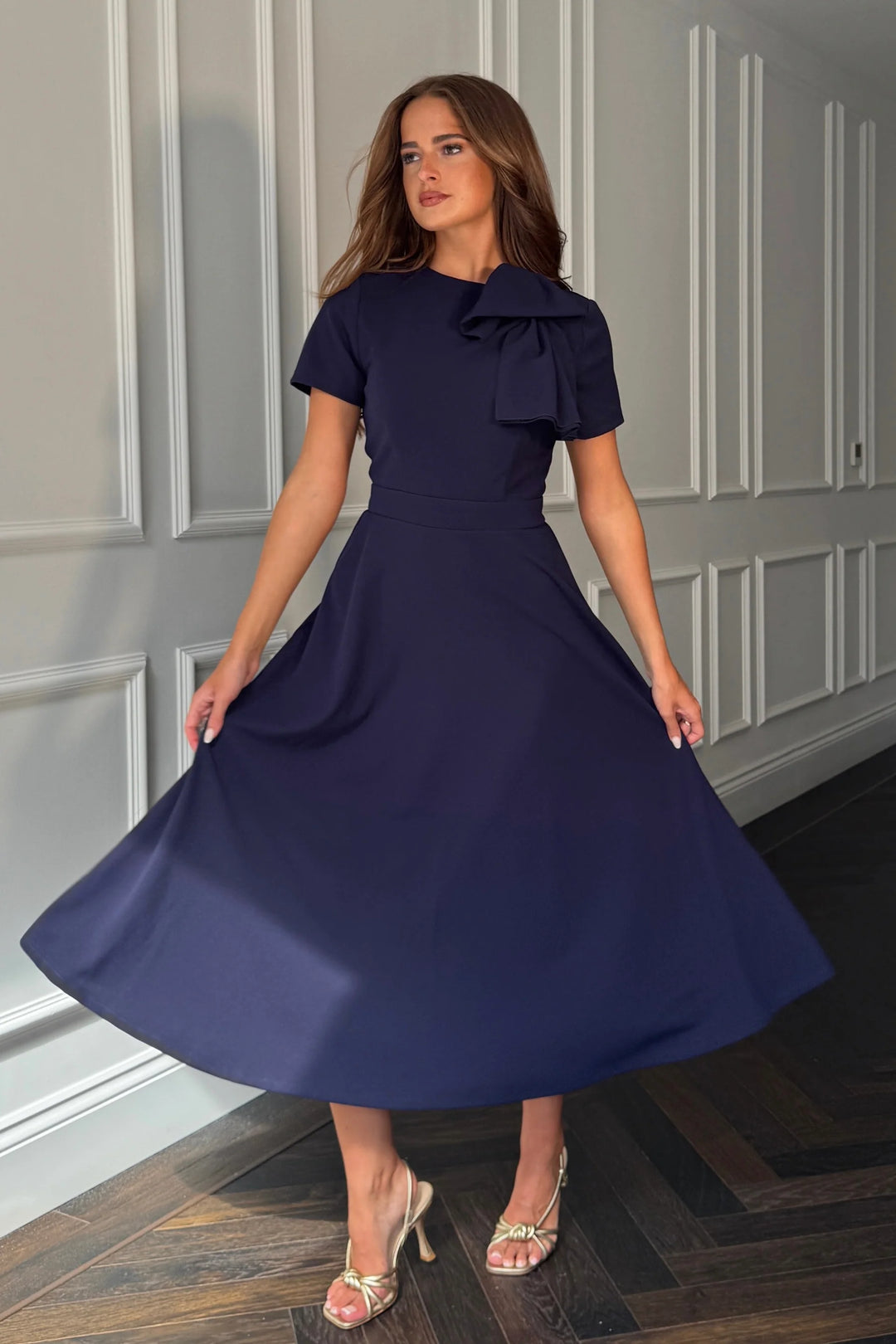 Minta Navy Bow Detail Short Sleeve Midi Dress