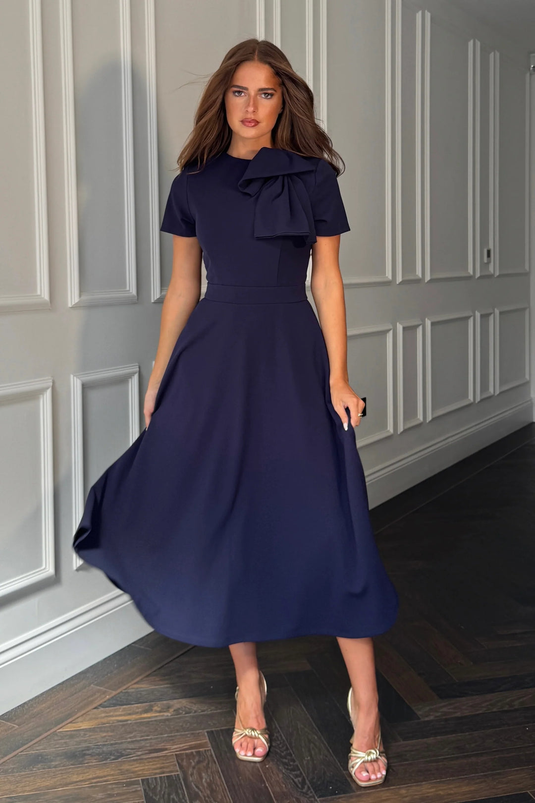 Minta Navy Bow Detail Short Sleeve Midi Dress