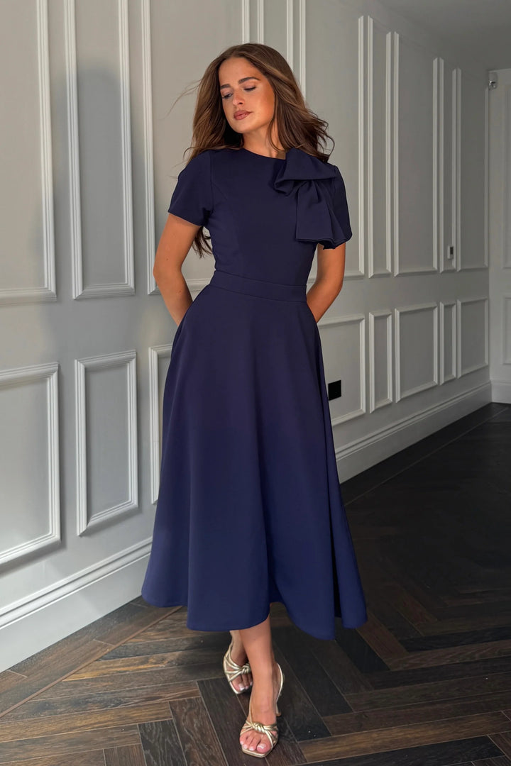 Minta Navy Bow Detail Short Sleeve Midi Dress