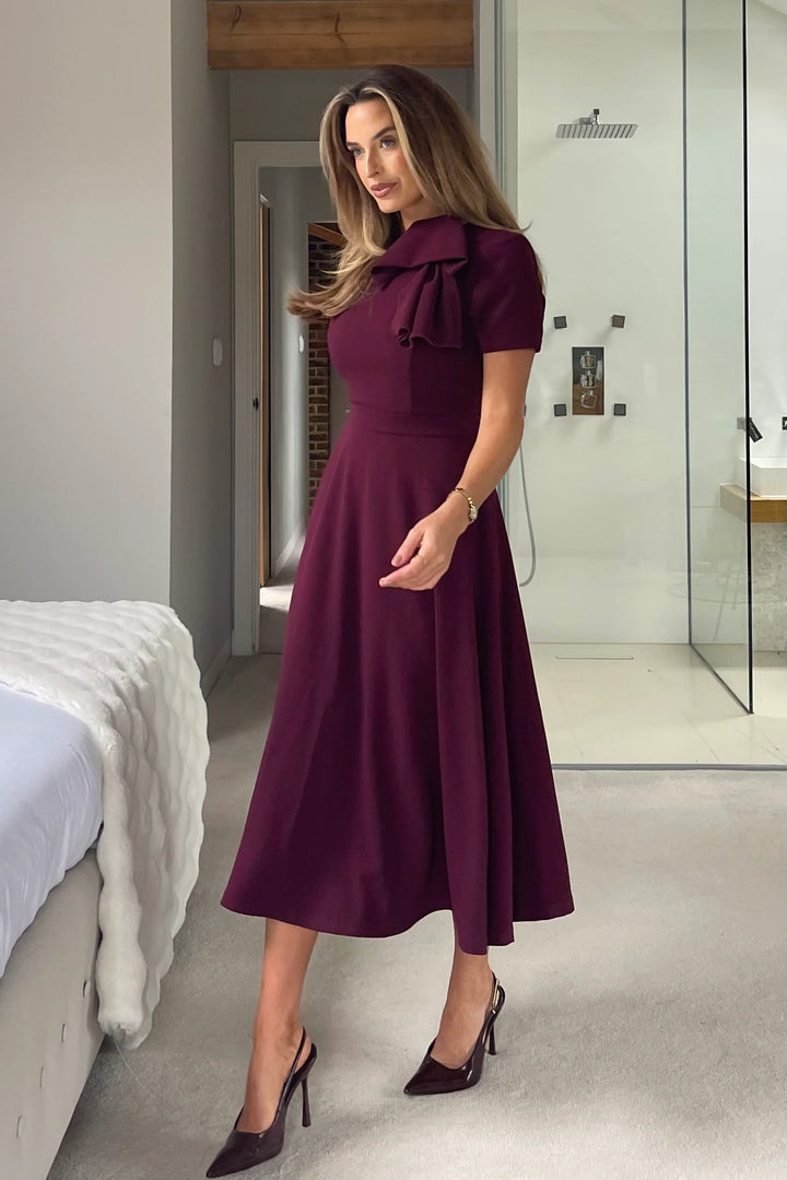 Minta Burgundy Plum Bow Detail Short Sleeve Midi Dress