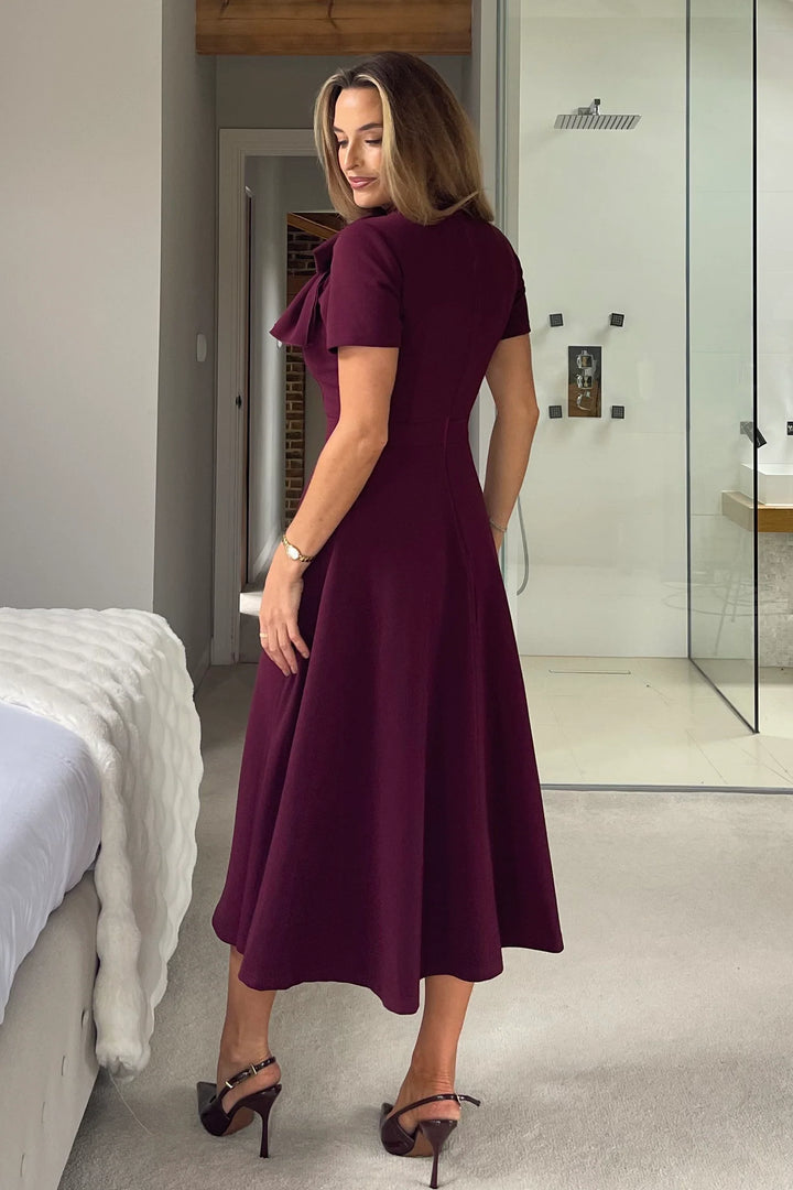 Minta Burgundy Plum Bow Detail Short Sleeve Midi Dress