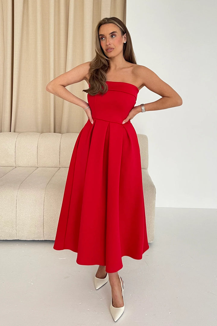 Danni Red Strapless Bandeau Midi Dress With Pockets