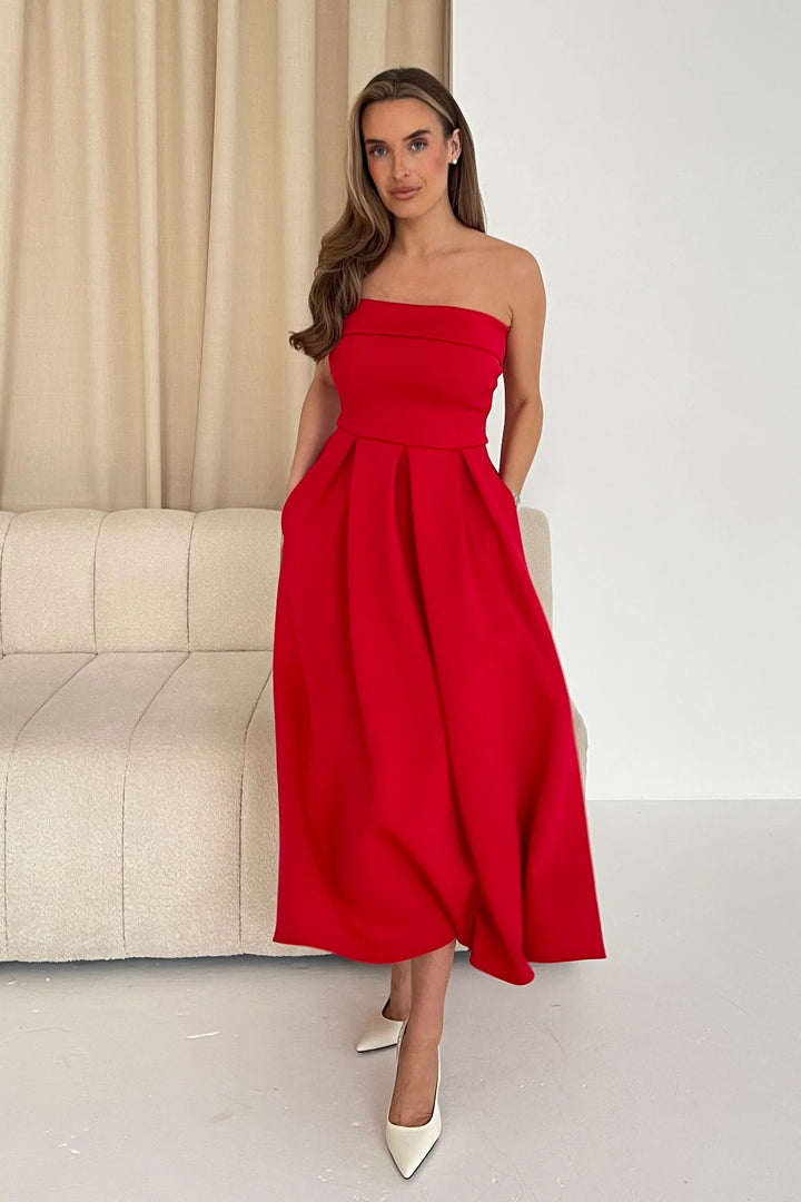 Danni Red Strapless Bandeau Midi Dress With Pockets