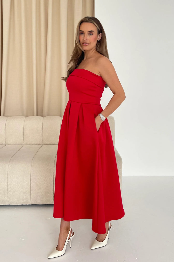 Danni Red Strapless Bandeau Midi Dress With Pockets