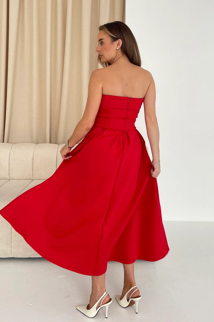 Danni Red Strapless Bandeau Midi Dress With Pockets