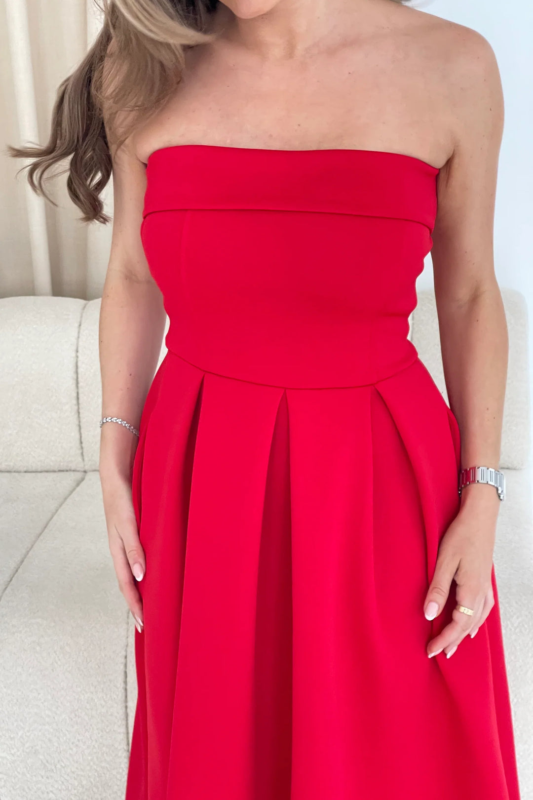 Danni Red Strapless Bandeau Midi Dress With Pockets
