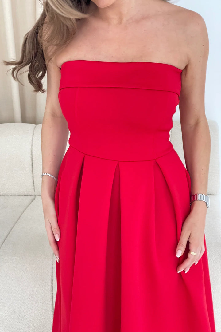 Danni Red Strapless Bandeau Midi Dress With Pockets