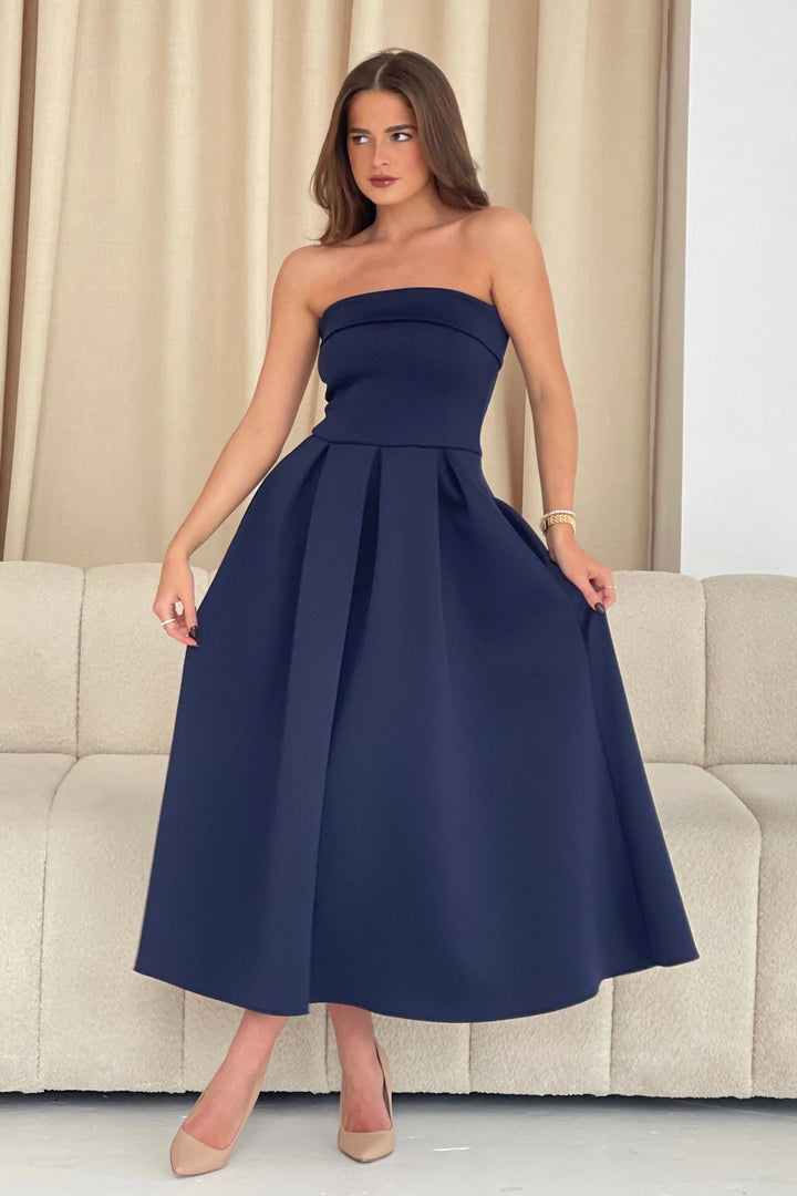 Danni Navy Strapless Bandeau Midi Dress With Pockets