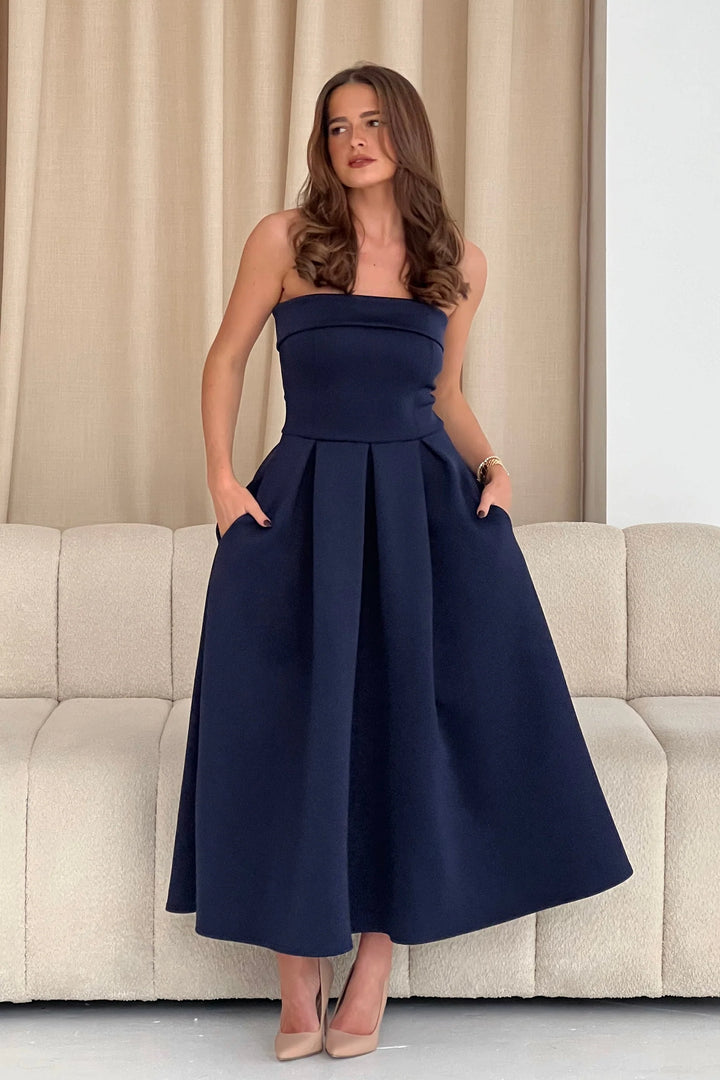 Danni Navy Strapless Bandeau Midi Dress With Pockets