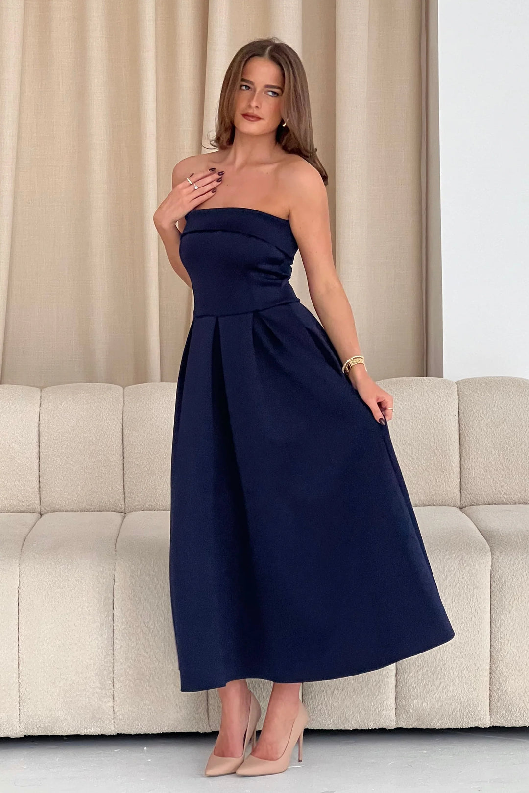 Danni Navy Strapless Bandeau Midi Dress With Pockets