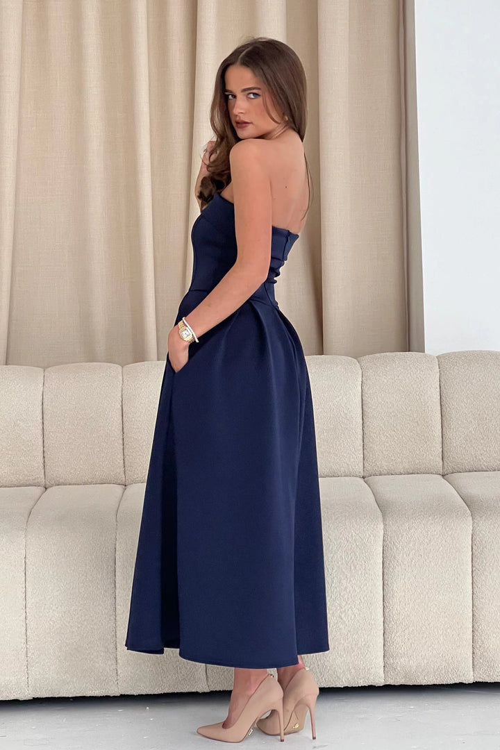 Danni Navy Strapless Bandeau Midi Dress With Pockets
