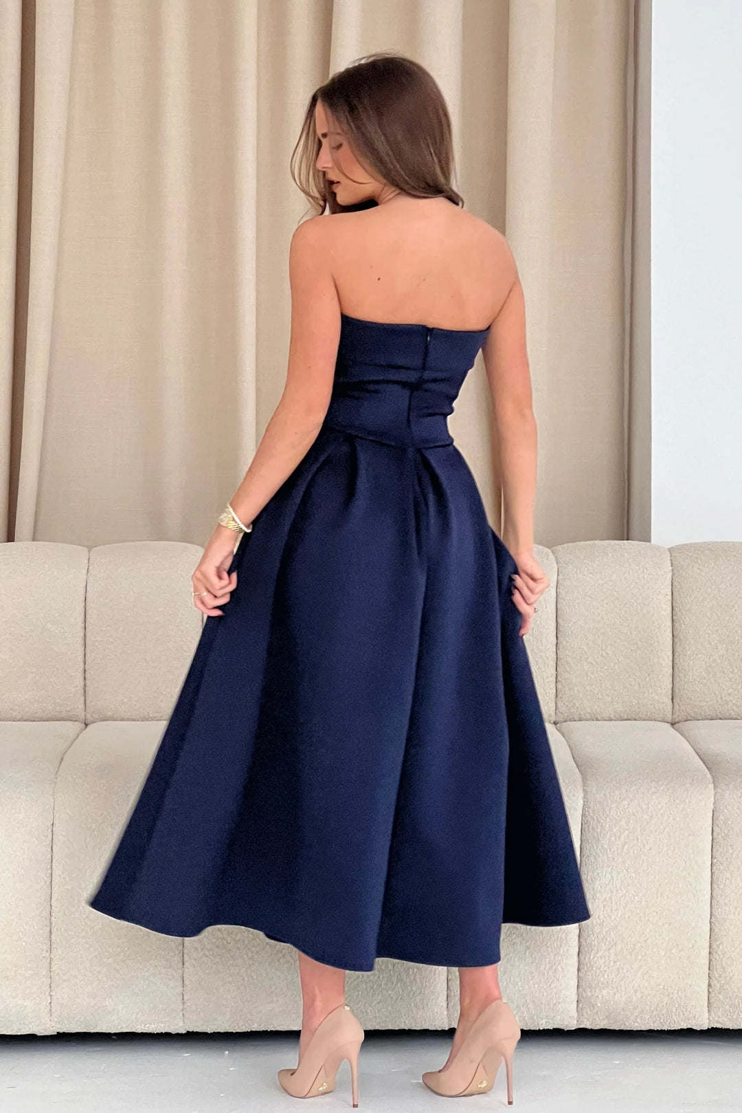 Danni Navy Strapless Bandeau Midi Dress With Pockets