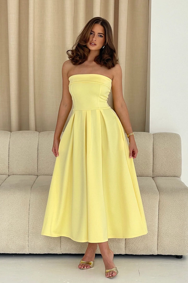 Danni Yellow Strapless Bandeau Midi Dress With Pockets (WILL SHIP OUT 14TH MAY)