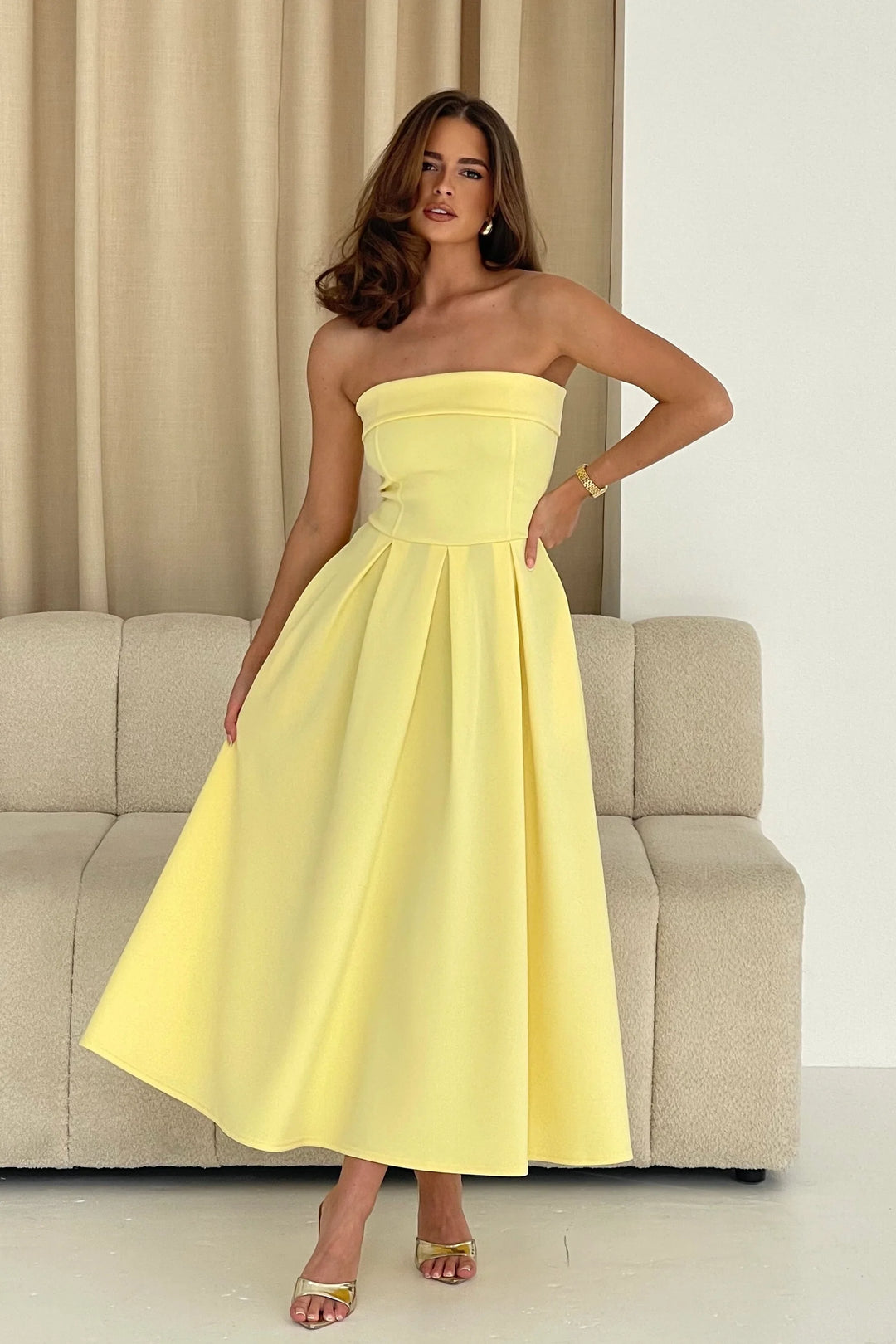 Danni Yellow Strapless Bandeau Midi Dress With Pockets (WILL SHIP OUT 14TH MAY)