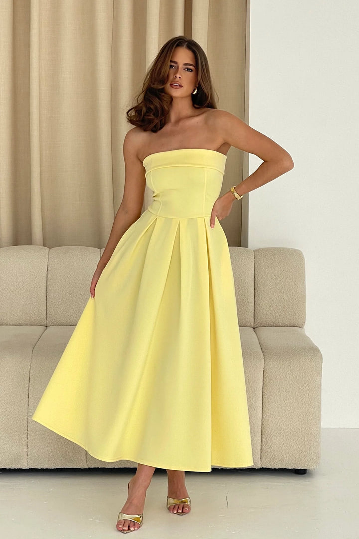 Danni Yellow Strapless Bandeau Midi Dress With Pockets (WILL SHIP OUT 14TH MAY)