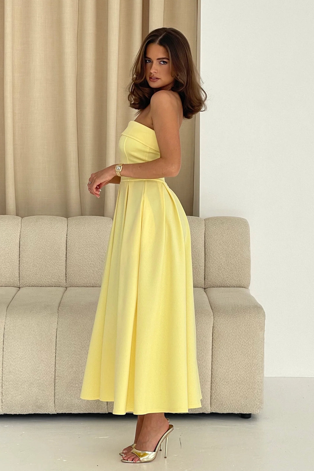 Danni Yellow Strapless Bandeau Midi Dress With Pockets (WILL SHIP OUT 14TH MAY)
