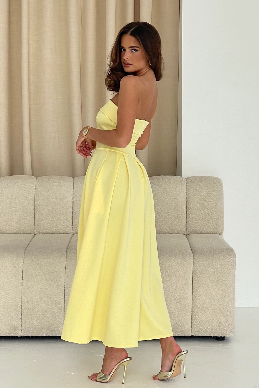 Danni Yellow Strapless Bandeau Midi Dress With Pockets (WILL SHIP OUT 14TH MAY)