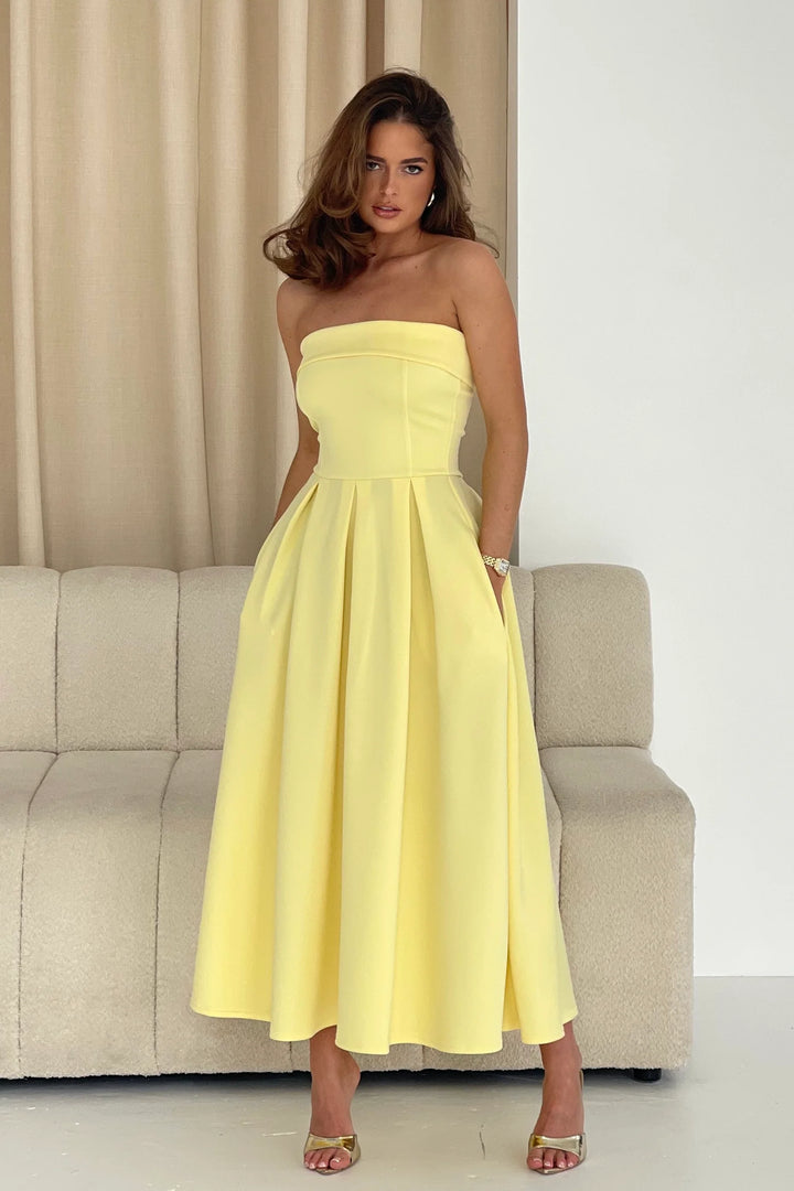 Danni Yellow Strapless Bandeau Midi Dress With Pockets (WILL SHIP OUT 14TH MAY)