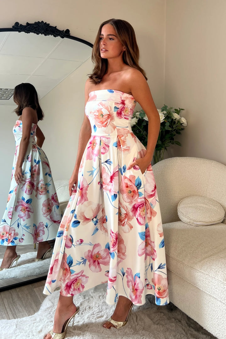 Danni Pink Floral Strapless Bandeau Midi Dress With Pockets