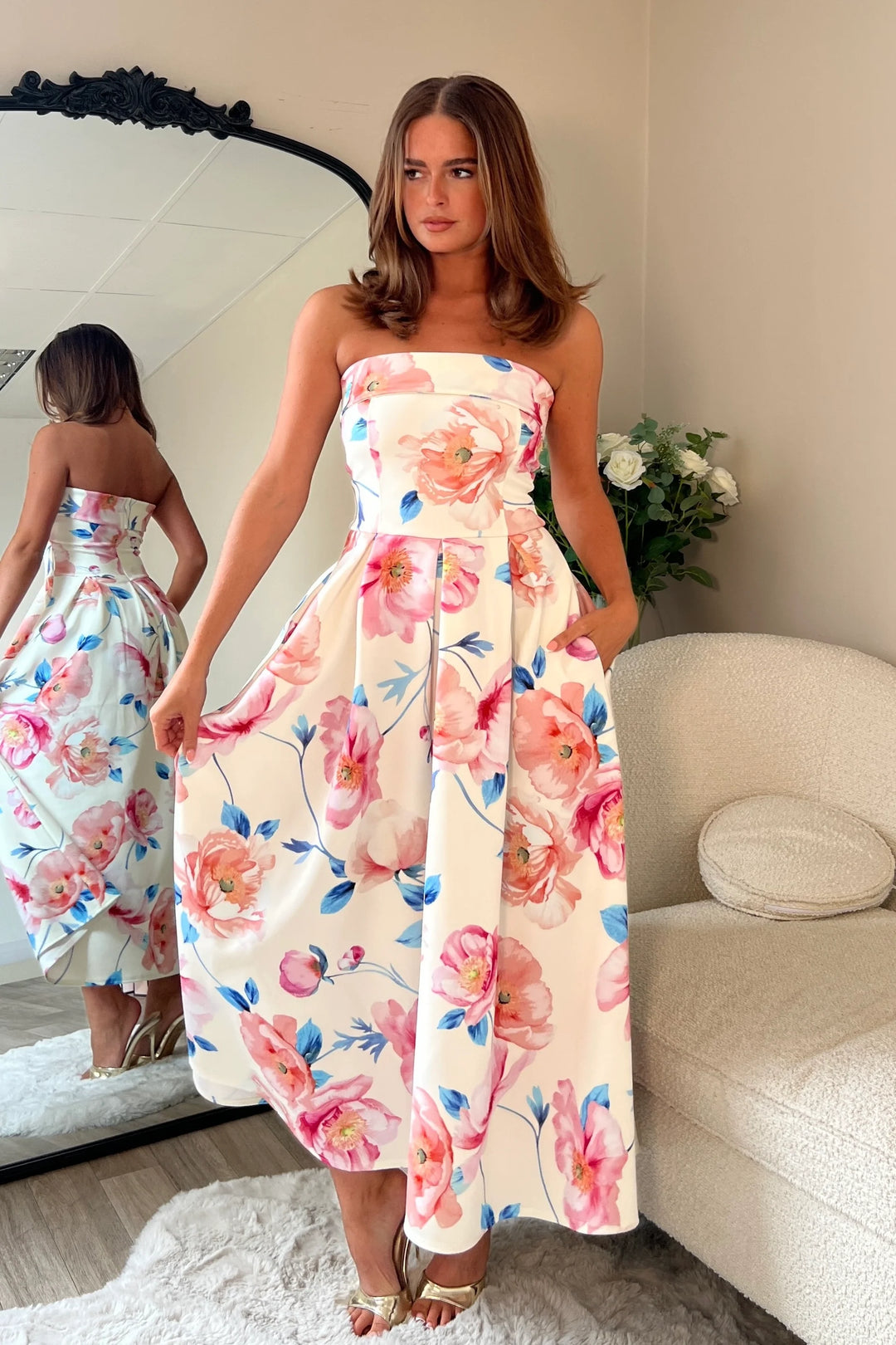 Danni Pink Floral Strapless Bandeau Midi Dress With Pockets