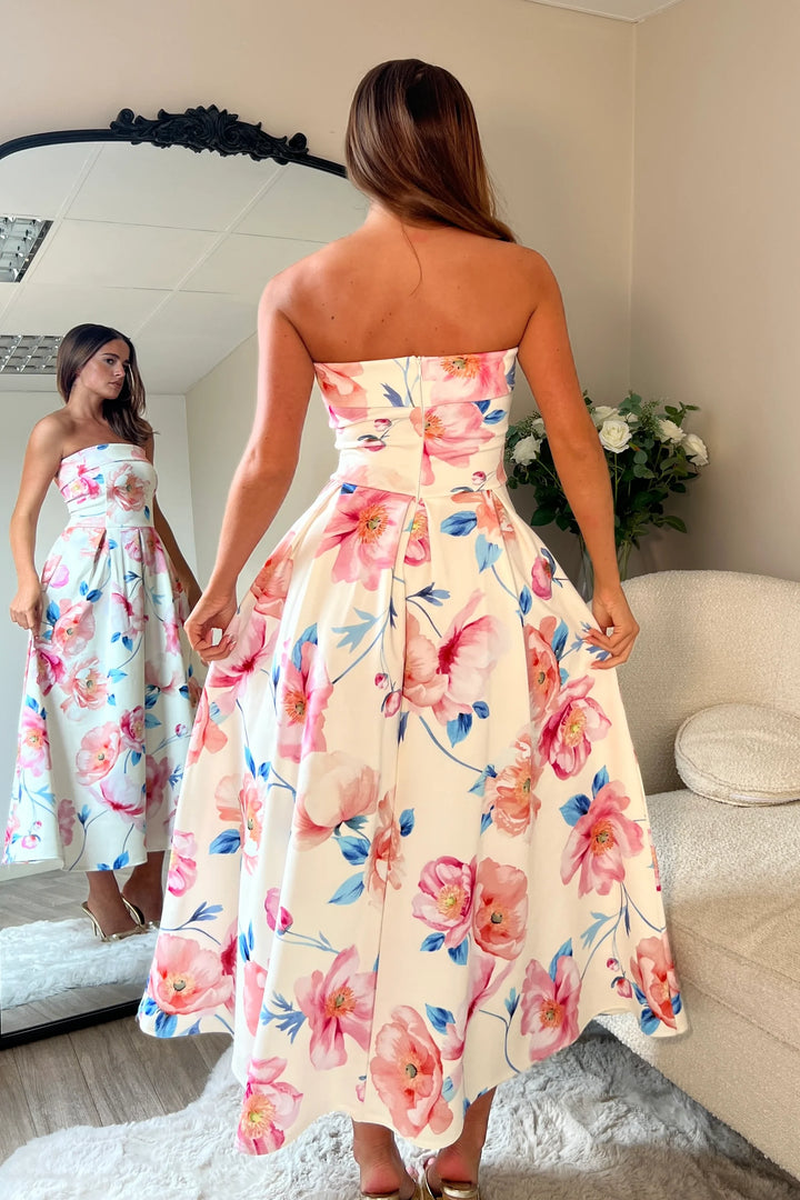 Danni Pink Floral Strapless Bandeau Midi Dress With Pockets