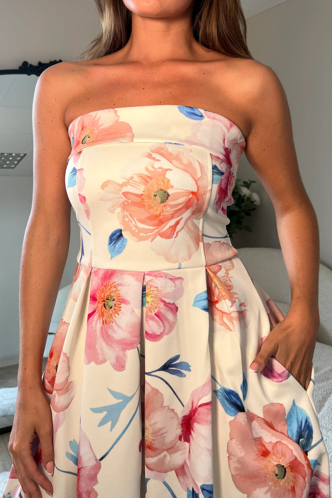 Danni Pink Floral Strapless Bandeau Midi Dress With Pockets