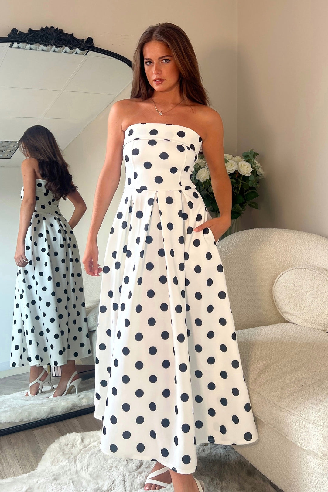 Danni Black & White Polka Dot Strapless Bandeau Midi Dress With Pockets | LittleMadam Danni Black & White Polka Dot Strapless Bandeau Midi Dress With Pockets | LittleMadam
