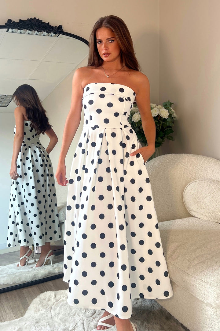 Danni Black & White Polka Dot Strapless Bandeau Midi Dress With Pockets