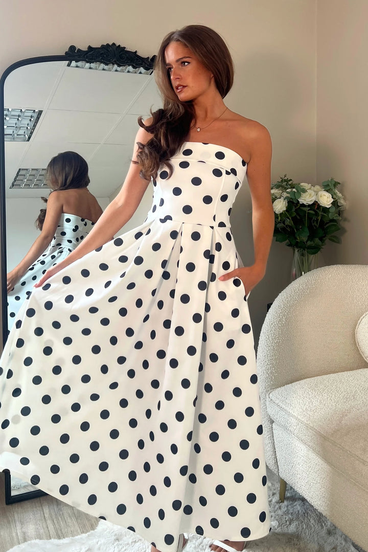 Danni Black & White Polka Dot Strapless Bandeau Midi Dress With Pockets