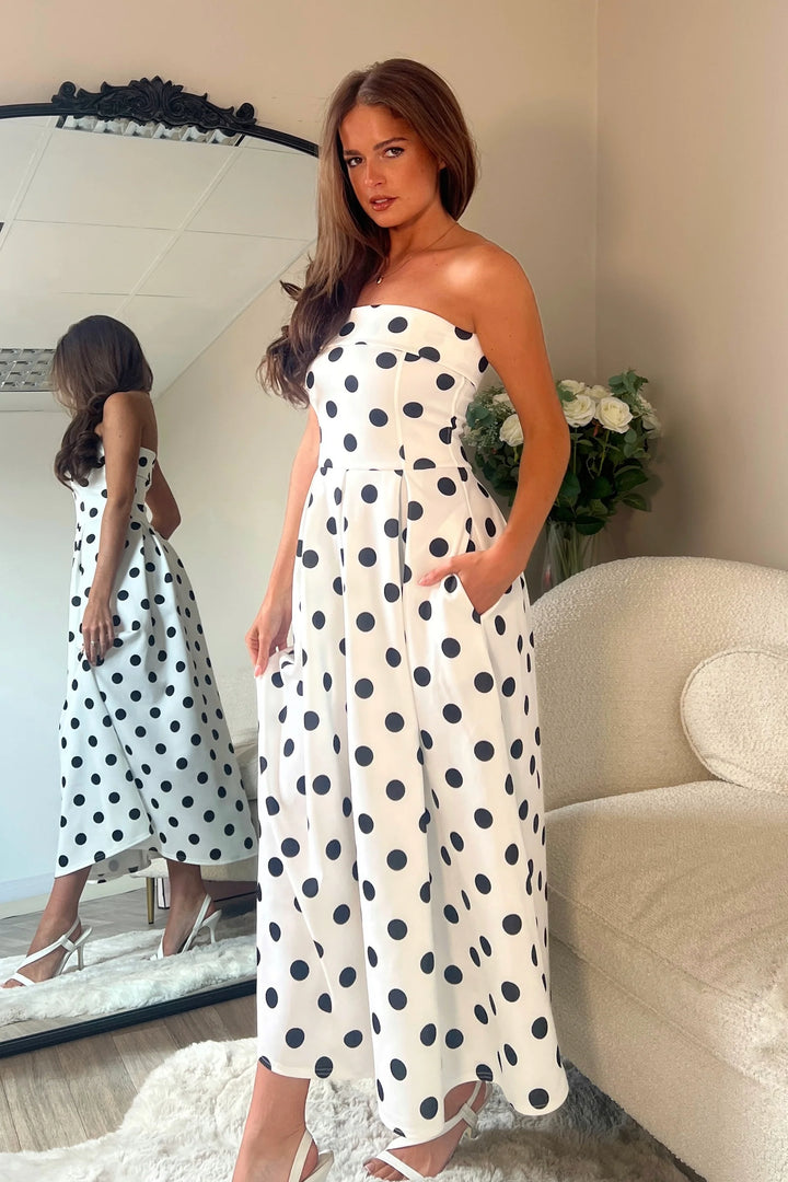 Danni Black & White Polka Dot Strapless Bandeau Midi Dress With Pockets