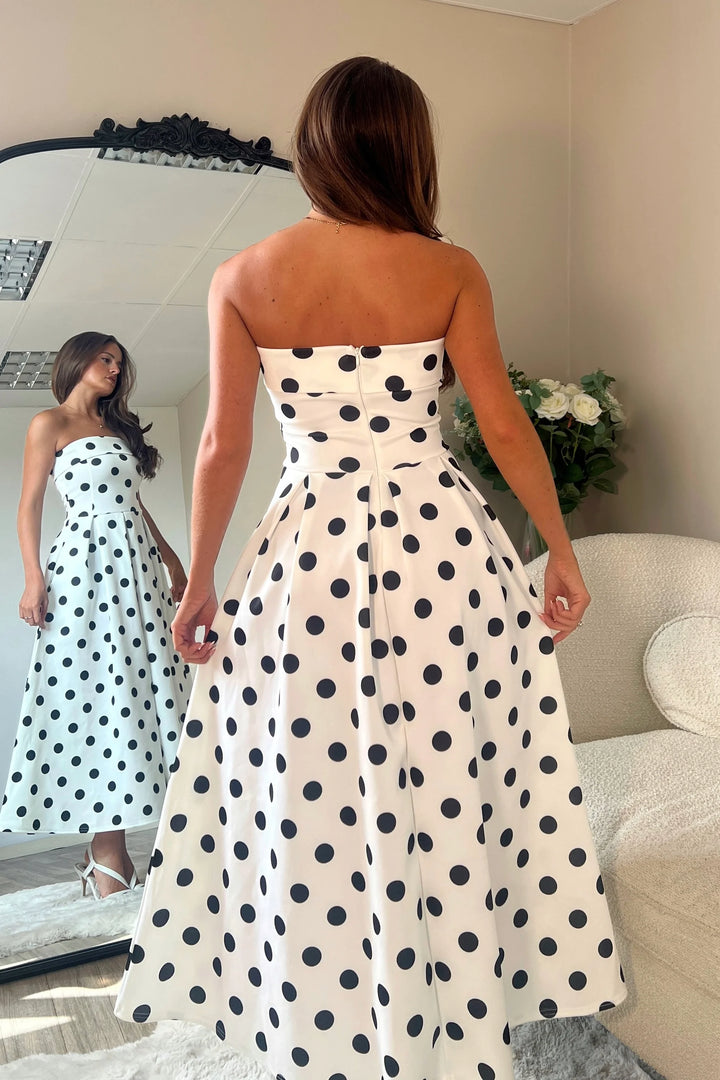 Danni Black & White Polka Dot Strapless Bandeau Midi Dress With Pockets