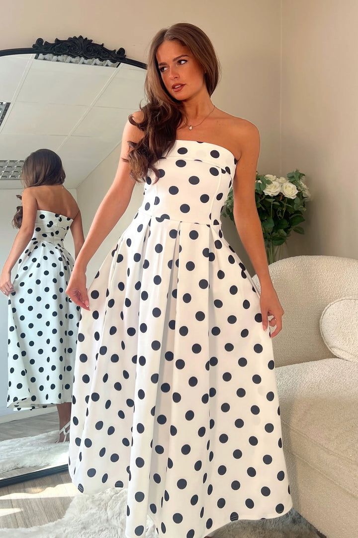 Danni Black & White Polka Dot Strapless Bandeau Midi Dress With Pockets