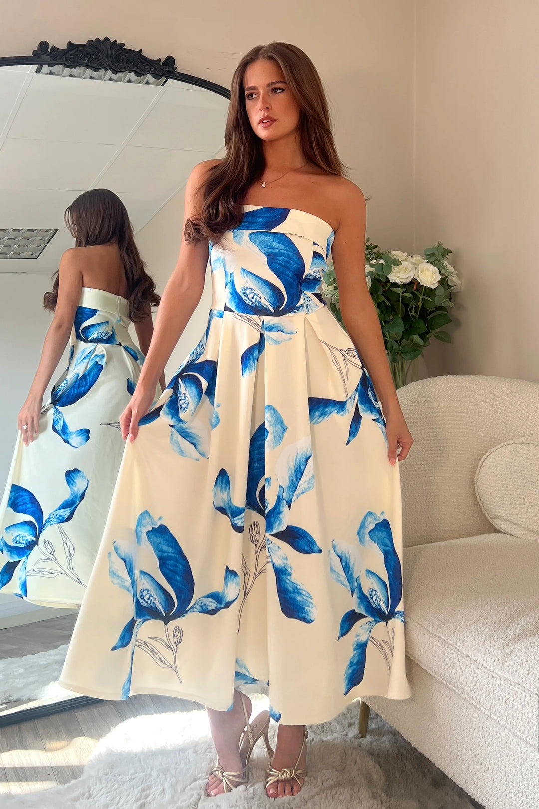 Danni Yellow & Blue Floral Strapless Bandeau Midi Dress With Pockets