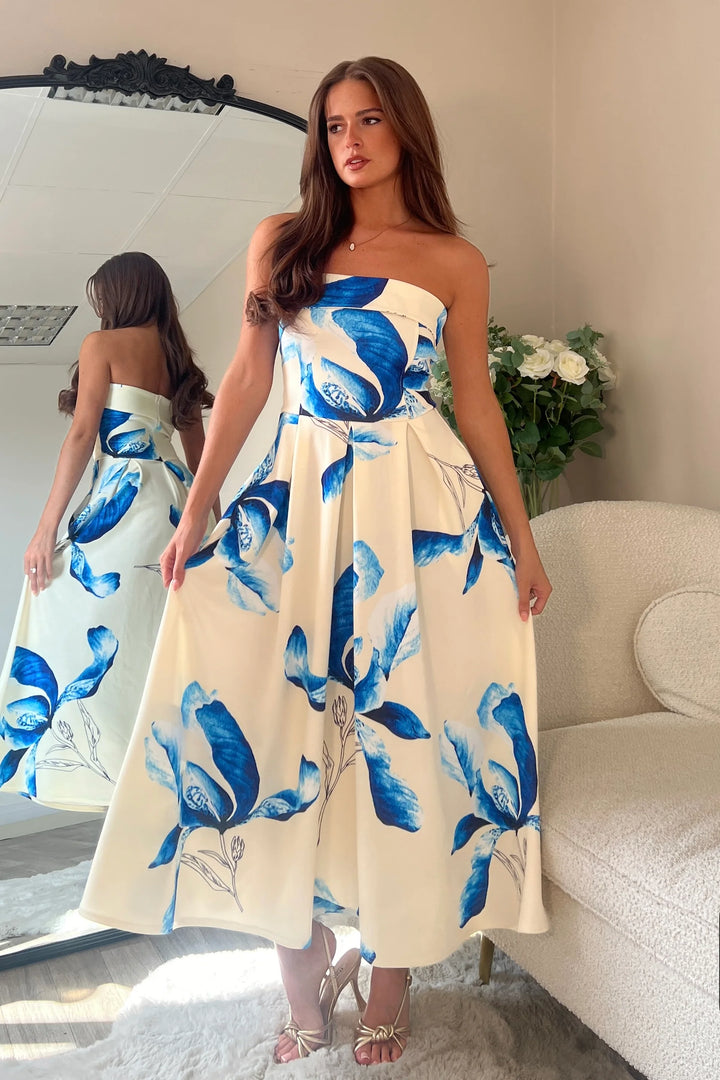 Danni Yellow & Blue Floral Strapless Bandeau Midi Dress With Pockets
