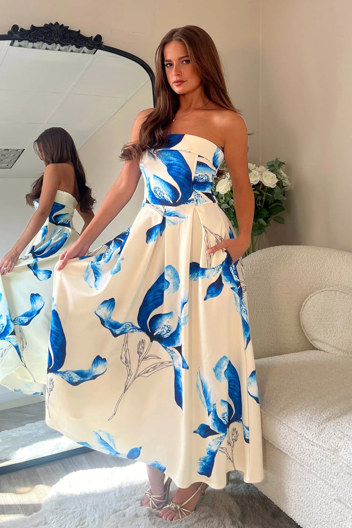 Danni Yellow & Blue Floral Strapless Bandeau Midi Dress With Pockets