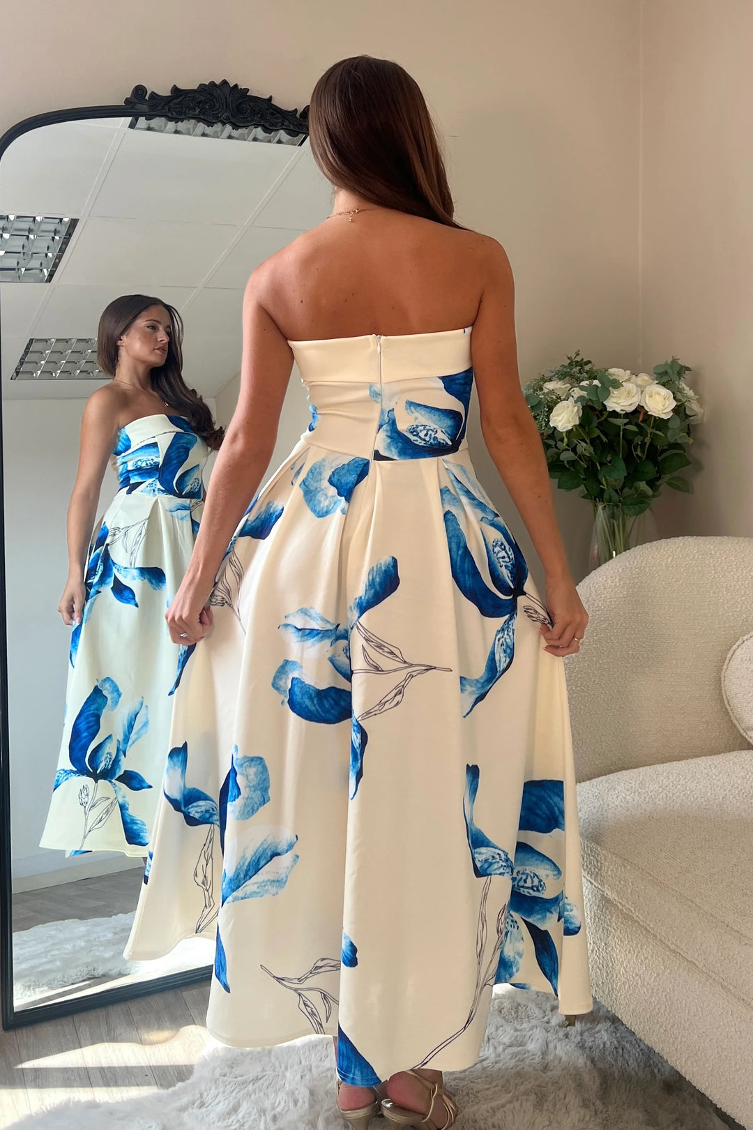 Danni Yellow & Blue Floral Strapless Bandeau Midi Dress With Pockets