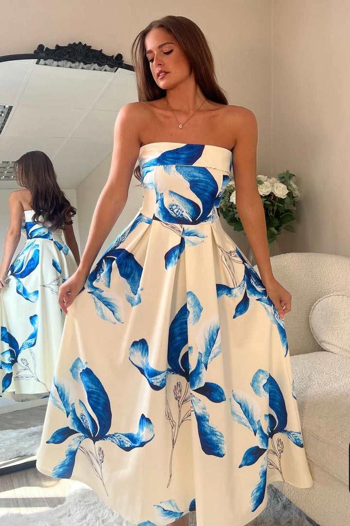 Danni Yellow & Blue Floral Strapless Bandeau Midi Dress With Pockets